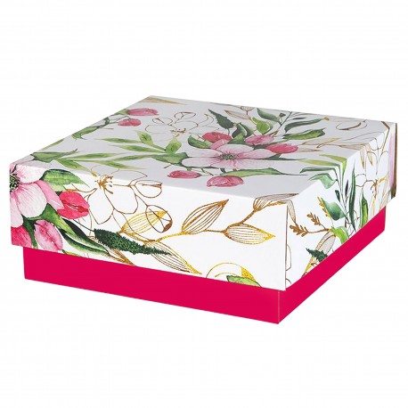 Różowe pudełko fasonowe w kwiaty 20x20x8,5 cm