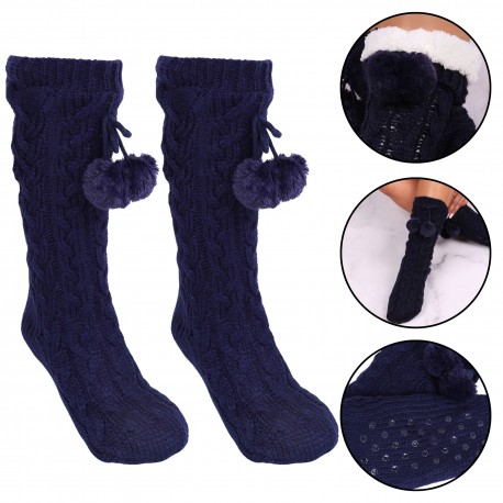 Women Navy Blue Pom Poms Socks