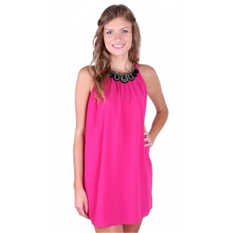 Pink, Lightweight Chiffon, Embellished Halter Neck Mini Dress ANGELEYE