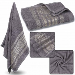 Szary ręcznik bawełniany ze złotym haftem, ręcznik kąpielowy liście 70x135 cm