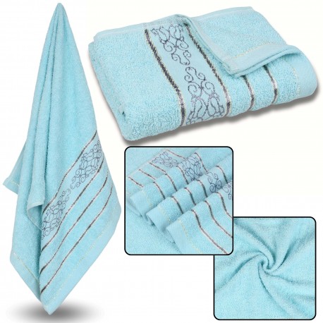 Błękitny ręcznik bawełniany z ozdobnym haftem, szary haft, ręcznik kąpielowy 70x135 cm