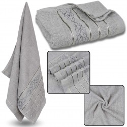 Szary ręcznik bawełniany z ozdobnym haftem, szary haft 48x100 cm