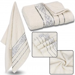 Śmietankowy ręcznik bawełniany z ozdobnym haftem, szary haft 48x100 cm