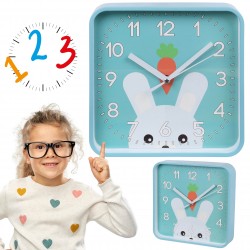 Króliczek zegar ścienny analogowy, kwadratowy zegar dla dzieci 20,2x20,2 cm