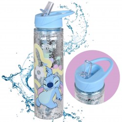 Bouteille/bidon en plastique Stitch Disney avec paille, transparente avec paillettes 550ml