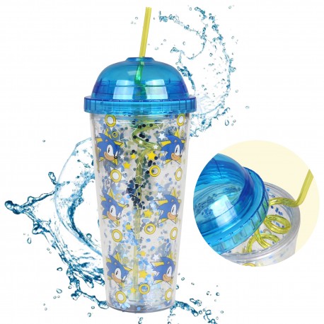 SONIC Tazza trasparente con cannuccia/bottiglia con glitter 650ml