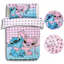 Stitch e Andzia Disney Set biancheria da letto blu e rosa, biancheria da letto in cotone 135x200 cm