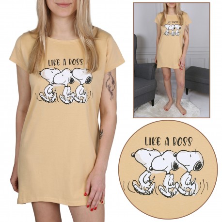 Fistaszki Snoopy Damska koszula nocna, brzoskwiniowa koszulka do spania, bawełniana, na krótki rękaw