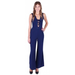 Navy, Sleeveless, Lace Up Front, Wide Cut Leg, Jumpsuit For Ladies By John Zack