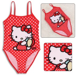 Hello Kitty Dziewczęcy strój kąpielowy, czerwony strój kąpielowy, jednoczęściowy w groszki