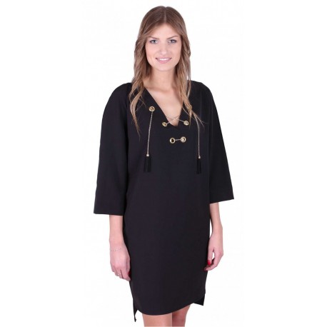 Black, 3/4 Length Sleeve, Front Lace Up Chain Detail Mini Dress By John Zack