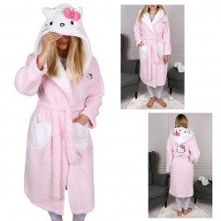 Hello Kitty Pink and white bathrobe with belt and hood, women's, soft