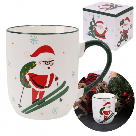 Tazza in porcellana bianca festosa, Babbo Natale sugli sci 420ml