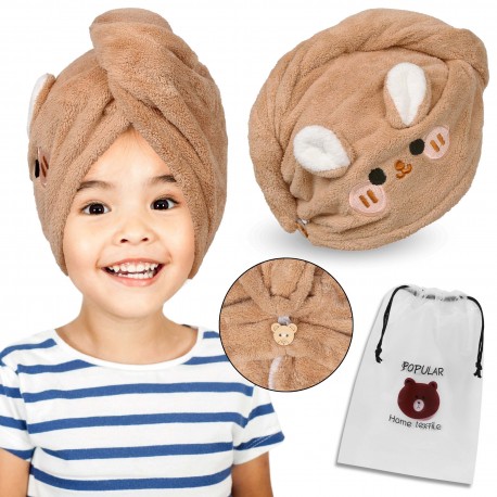 Turbante per capelli marrone per bambini, asciugamano per capelli, coniglietto