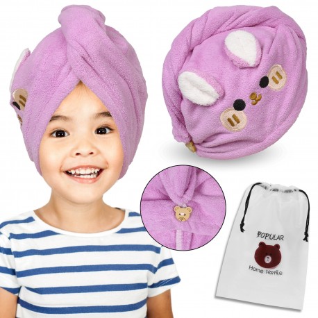 Purple hair turban for child, hair towel, bunny