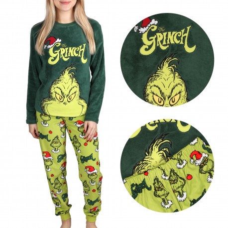 The Grinch Zelené fleecové dámské pyžamo, teplé, s dlouhým rukávem, slavnostní