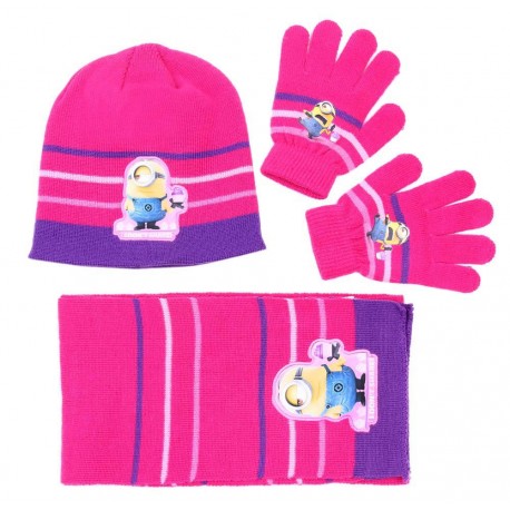 Różowo-fioletowy zestaw: szalik, rękawiczki, czapka MINIONKI