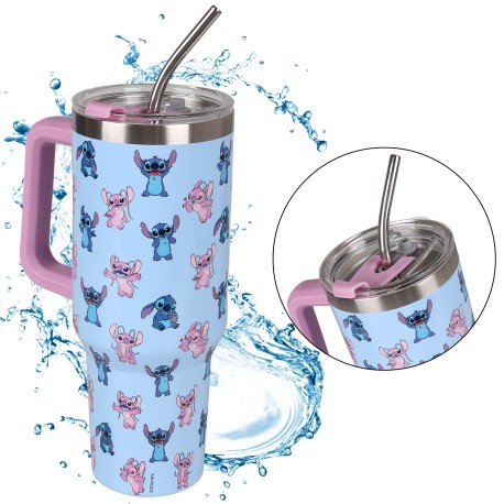 Disney Stitch and Angel Large thermal mug with lid and metal straw, stainless steel, travel mug 1.18l