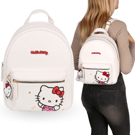 Hello Kitty Biały plecak skórzany z brelokiem, damski plecak miejski 29x24x11 cm