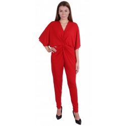 Ladies Red, Plain Design, V-neck, Kimono Sleeves, Elastic Jumpsuit by JOHN ZACK