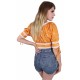 Orange Daisy Floral Lace Trim Tie Up Detail Crop Top