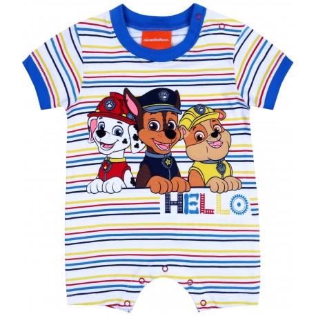 Une bébé barboteuse blanche pour garçon à rayures colorées avec motif de Paw Patrol