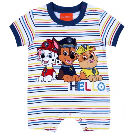 Bébé barboteuse blanche pour garçon à rayures colorées avec motif Paw Patrol