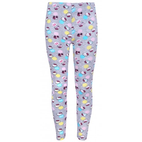 Długie, szare, dziewczęce legginsy z powtarzającym sie wzorem Hello Kitty