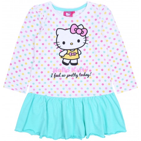 Vestito di colore bianco-turchesse a pua e immagine di Hello Kitty.