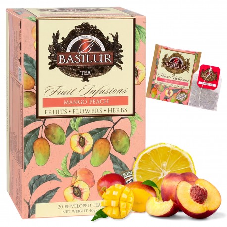 BASILUR Fruit Infusions - Owocowa herbata bezkofeinowa naturalnym aromatem brzoskwini, mango i cytrusów, w saszetkach 20 x 2 g