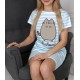 Pusheen Niebiesko-biała koszulka do spania w paski, bawełniana koszulka nocna