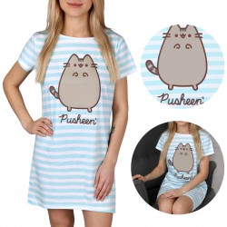 Pusheen Niebiesko-biała koszulka do spania w paski, bawełniana koszulka nocna