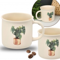 Kremowy kubek z rośliną w doniczce, porcelanowy kubek 355ml