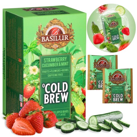 BASILUR Cold Brew - Owocowa herbata bezkofeinowa z aromatem truskawki, ogórka i mięty, herbata na zimno w saszetkach 20 x 2 g