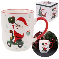 Taza de porcelana festiva blanca, Papá Noel en patinete 420ml