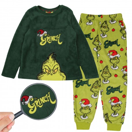 The Grinch Zelené flísové detské pyžamo, teplé, s dlhým rukávom, slávnostné